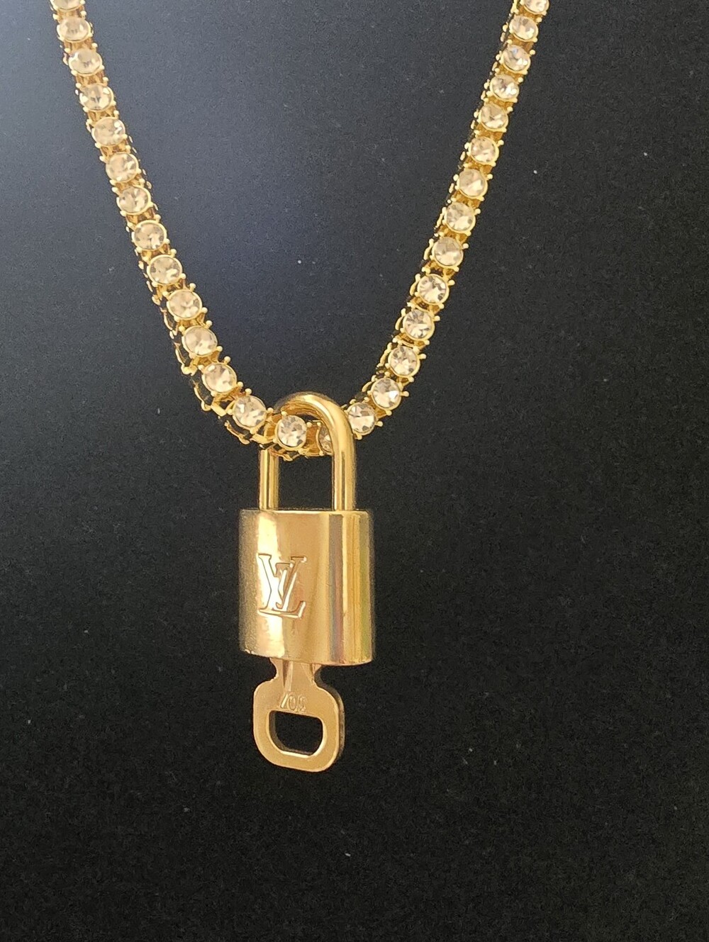 Louis Vuitton Gold Padlock Pendant on Crystal Pavé tennis Chain - Picture 4 of 9